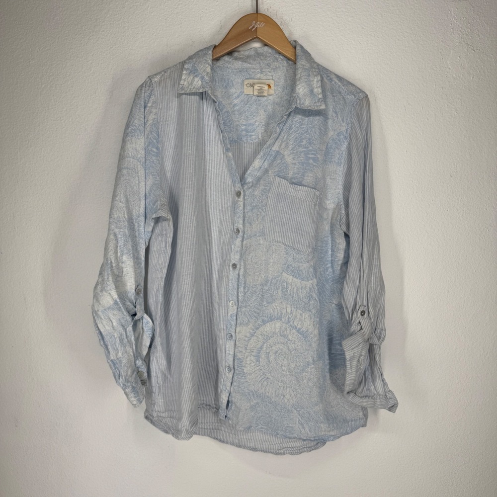 C&C California Womens Patchwork Linen Striped Shell Button Shirt Large Coastal
